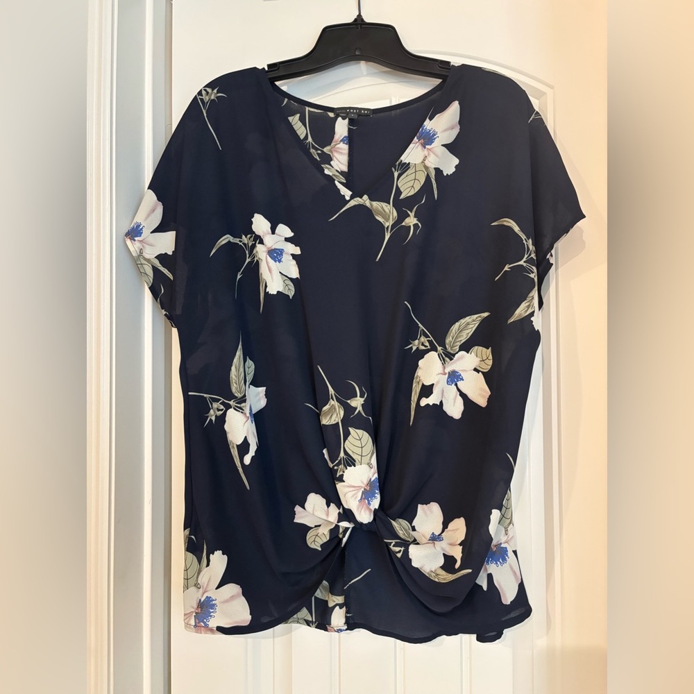 West Kei Navy Floral Knot Front Blouse